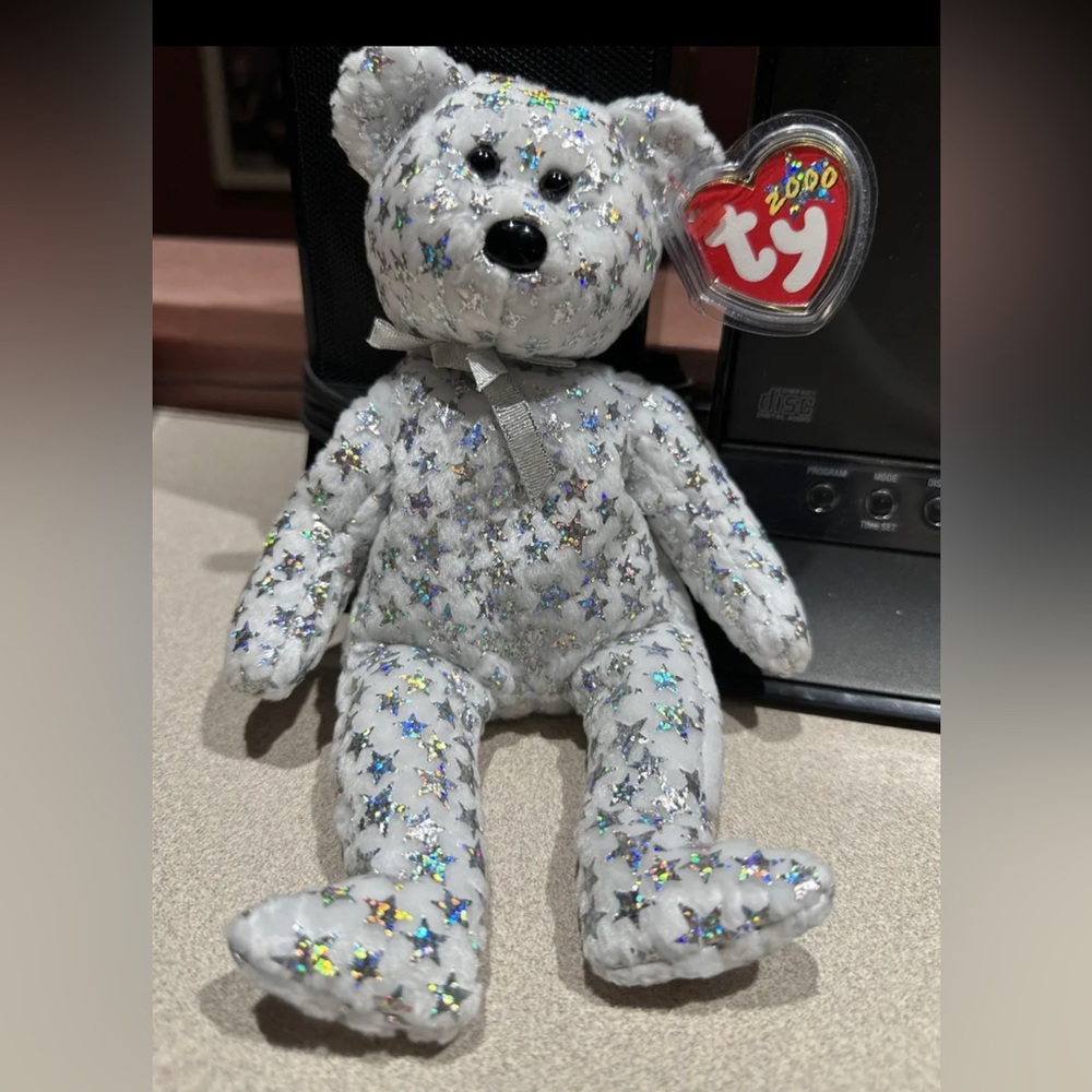 Ty Beanie Baby THE BEGINNING Plush White Bear with Silver Stars 2000 Star
